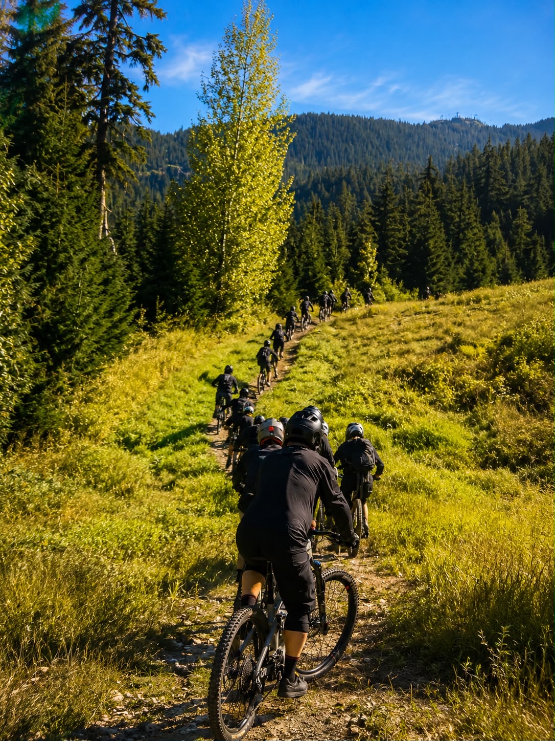 Grupo de riders subiendo un sendero entre montañas
