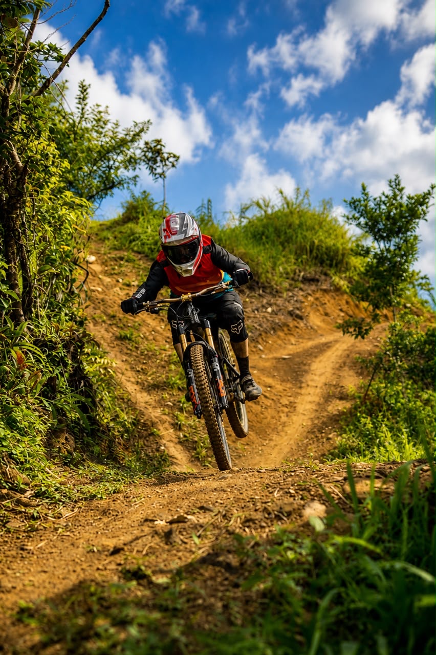 Rider descendiendo un sendero de selva verde